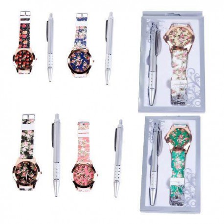 Reloj Floral en caja de regalo + boligrafo